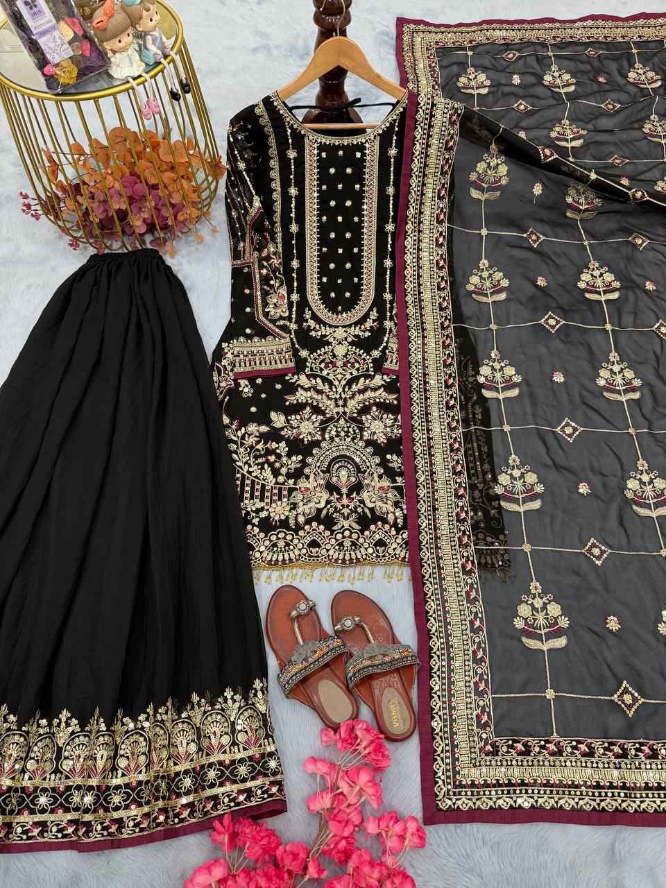 Black Designer Faux Georgette  Plazzo Top and Dupatta For Party Wear