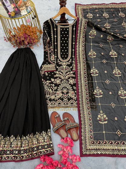Black Designer Faux Georgette  Plazzo Top and Dupatta For Party Wear