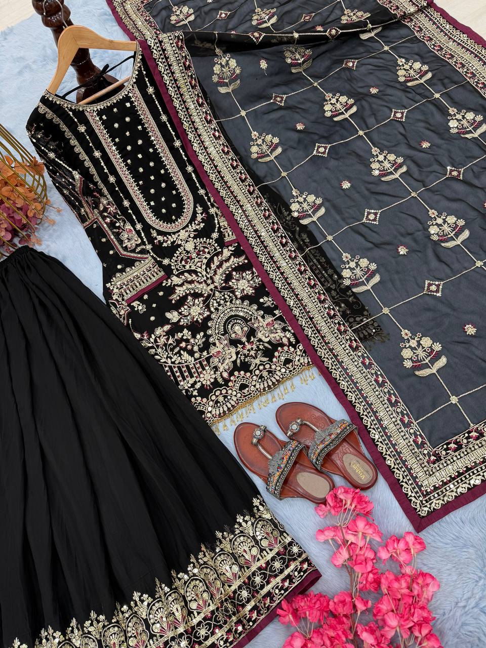 Black Designer Faux Georgette  Plazzo Top and Dupatta For Party Wear