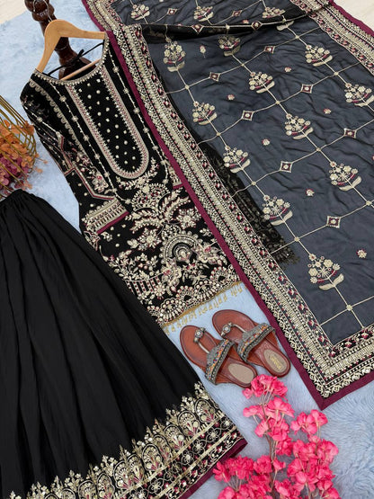 Black Designer Faux Georgette  Plazzo Top and Dupatta For Party Wear