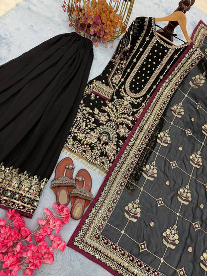Black Designer Faux Georgette  Plazzo Top and Dupatta For Party Wear