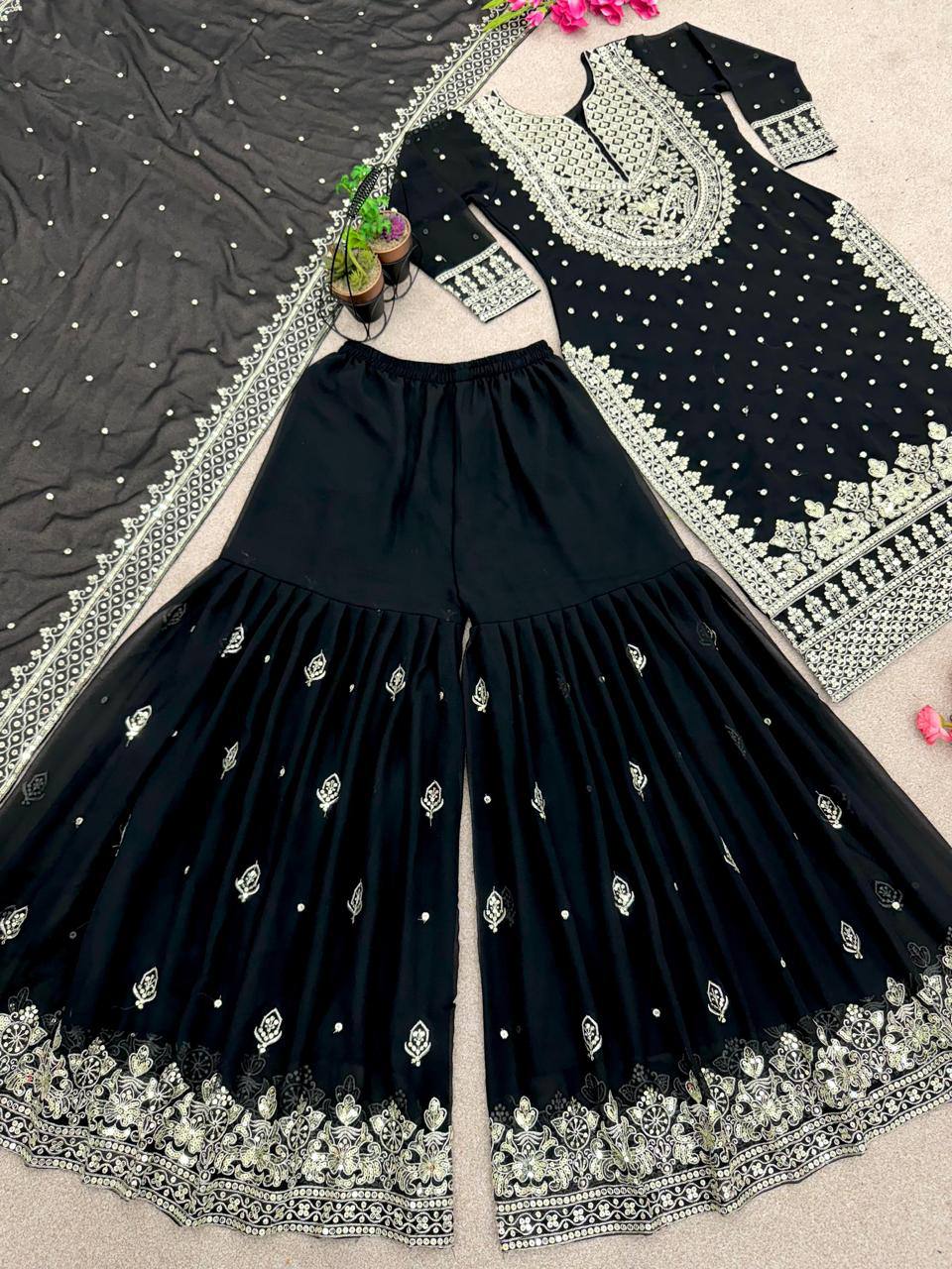 Black Designer Faux Georgette Top Gharara & Dupatta For Party Wear