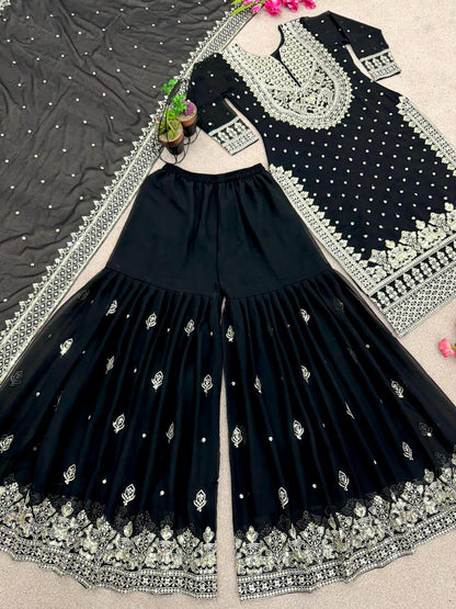 Black Designer Faux Georgette Top Gharara & Dupatta For Party Wear