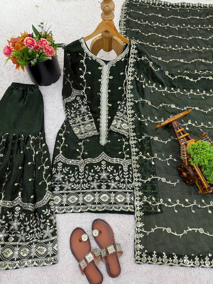 Black Designer Fendy Silk Top Bottom and Dupatta For Party Wear