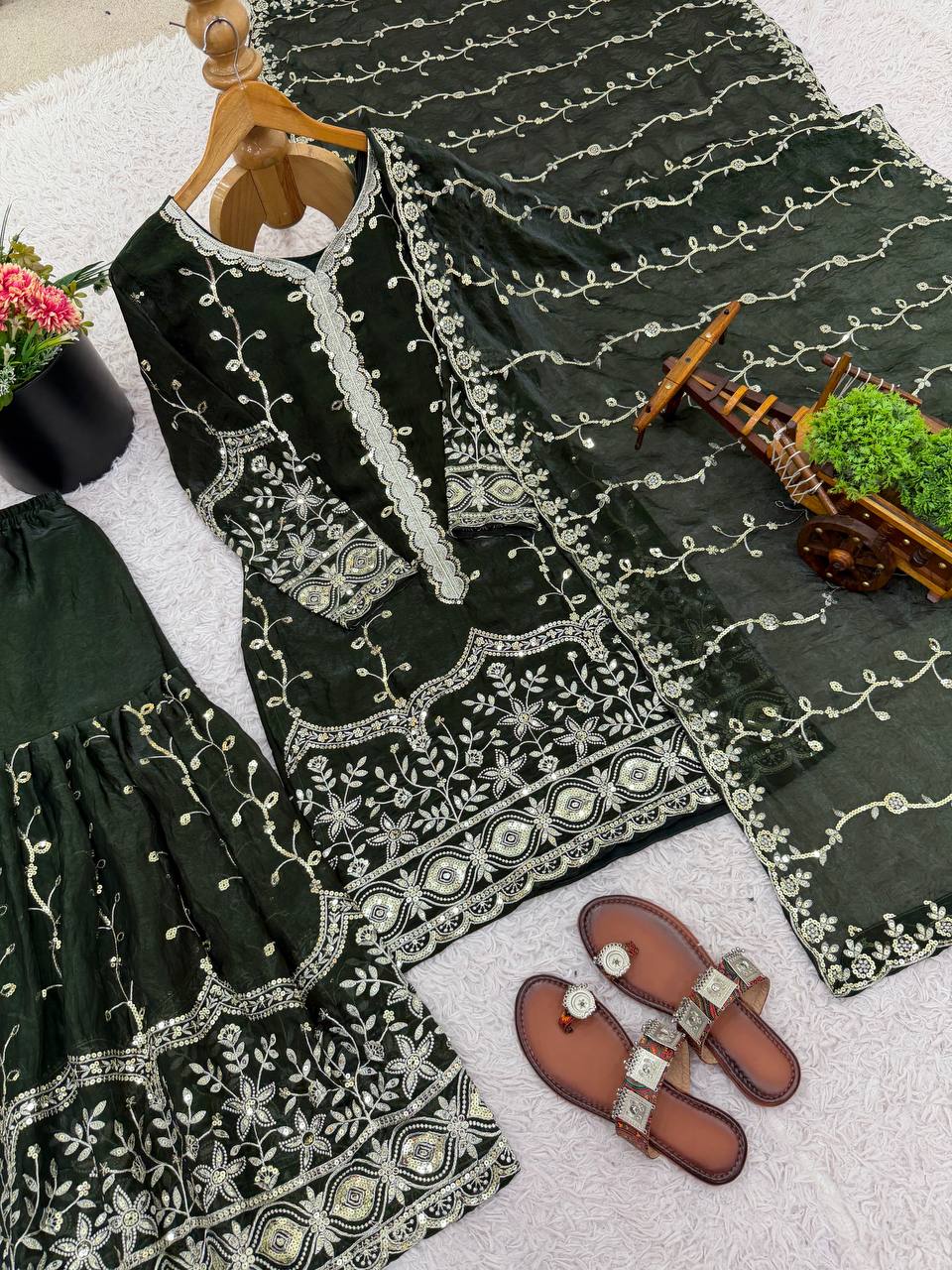 Black Designer Fendy Silk Top Bottom and Dupatta For Party Wear