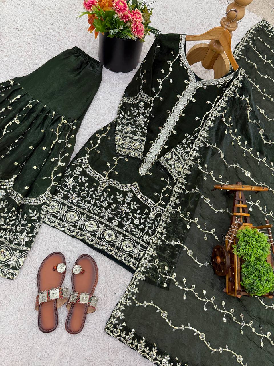 Black Designer Fendy Silk Top Bottom and Dupatta For Party Wear