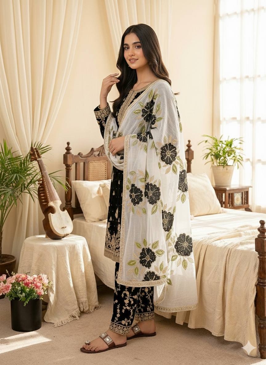Black Designer GMY Silk Embroidery Plazzo Suit and Dupatta