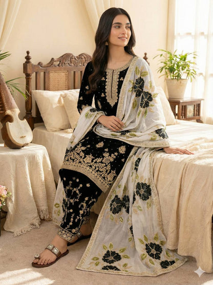 Black Designer GMY Silk Embroidery Plazzo Suit and Dupatta