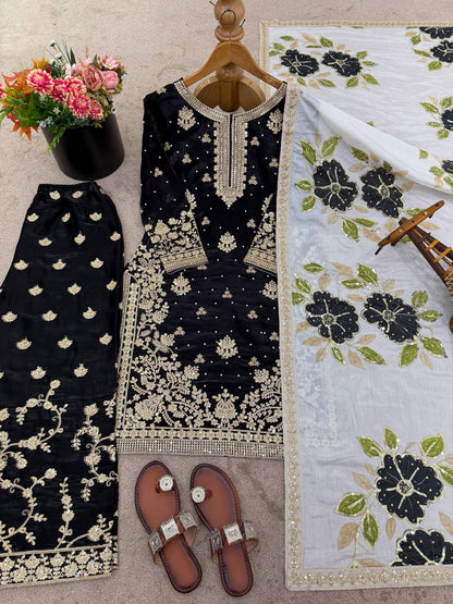 Black Designer GMY Silk Embroidery Plazzo Suit and Dupatta