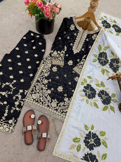 Black Designer GMY Silk Embroidery Plazzo Suit and Dupatta