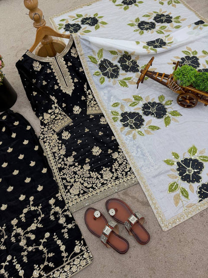 Black Designer GMY Silk Embroidery Plazzo Suit and Dupatta