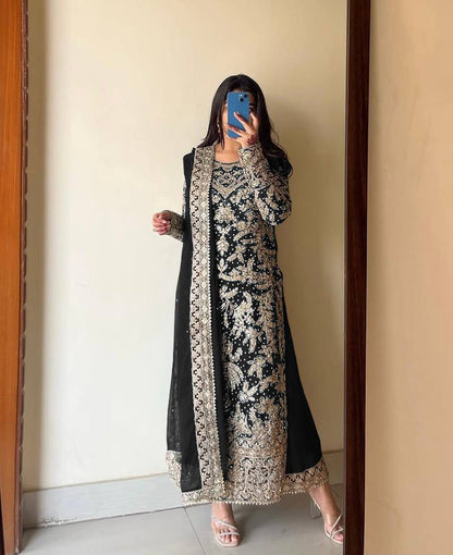Black Designer Heavy Faux Georgette Plazzo Top and Dupatta Party Wear