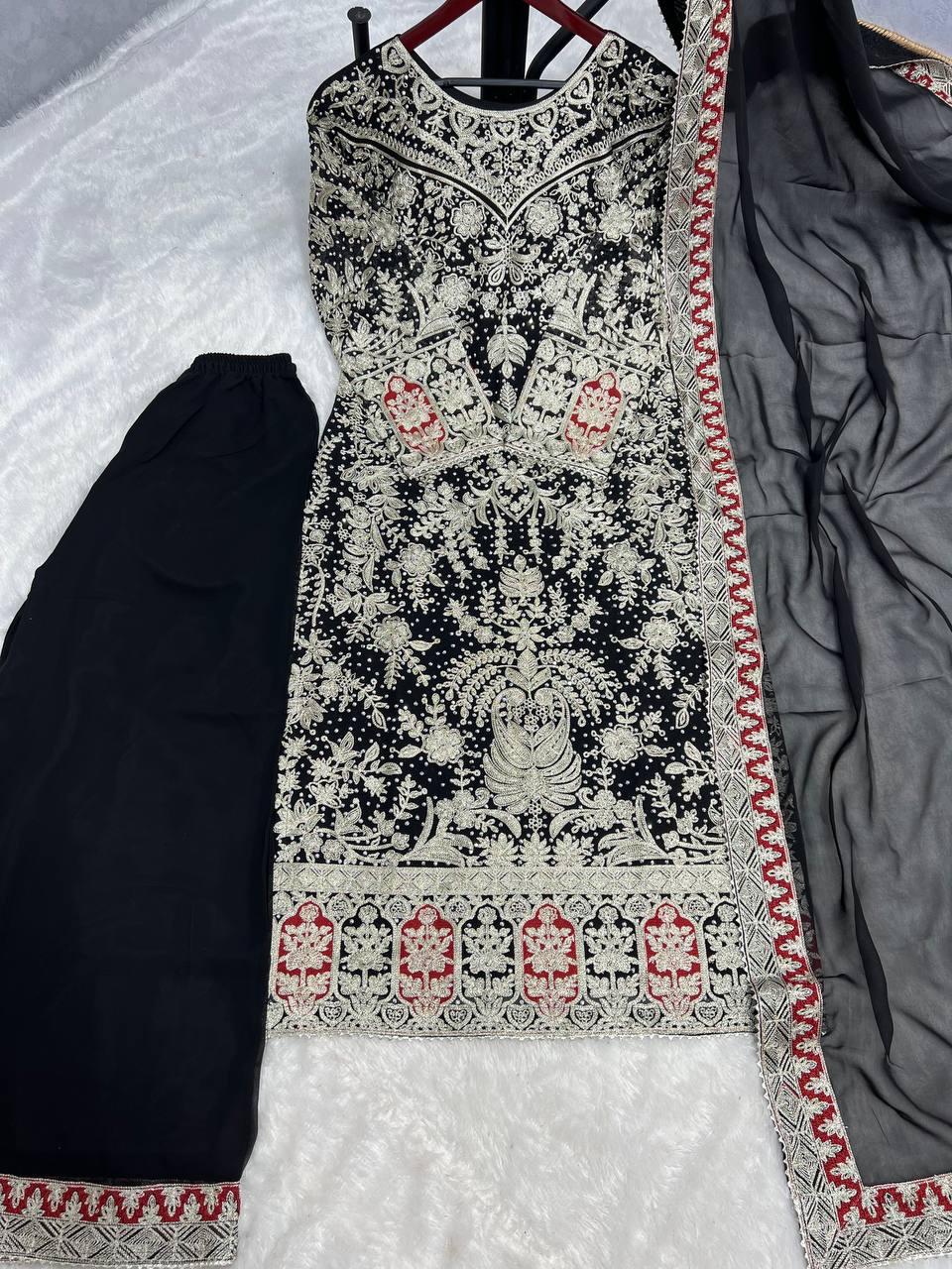 Black Designer Heavy Faux Georgette Plazzo Top and Dupatta Party Wear