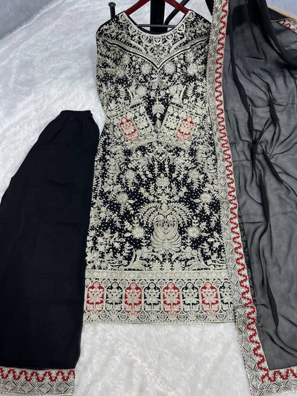 Black Designer Heavy Faux Georgette Plazzo Top and Dupatta Party Wear