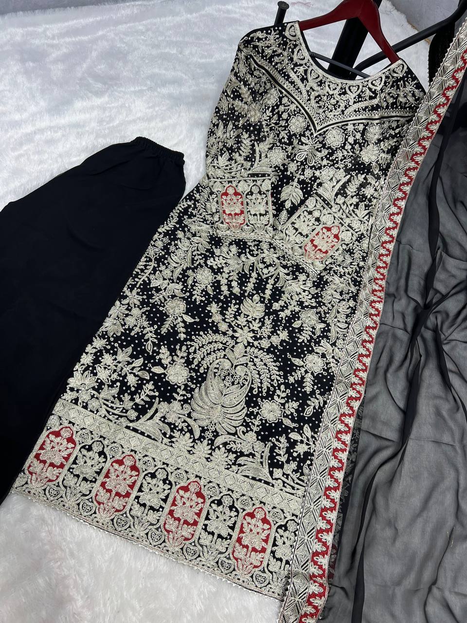 Black Designer Heavy Faux Georgette Plazzo Top and Dupatta Party Wear