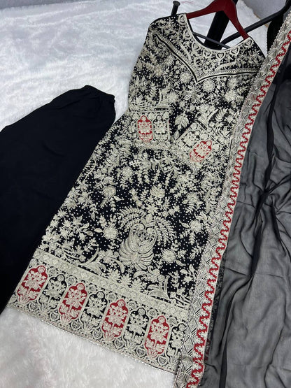 Black Designer Heavy Faux Georgette Plazzo Top and Dupatta Party Wear