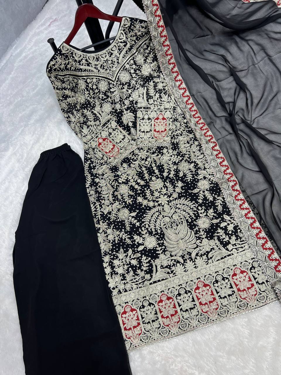 Black Designer Heavy Faux Georgette Plazzo Top and Dupatta Party Wear