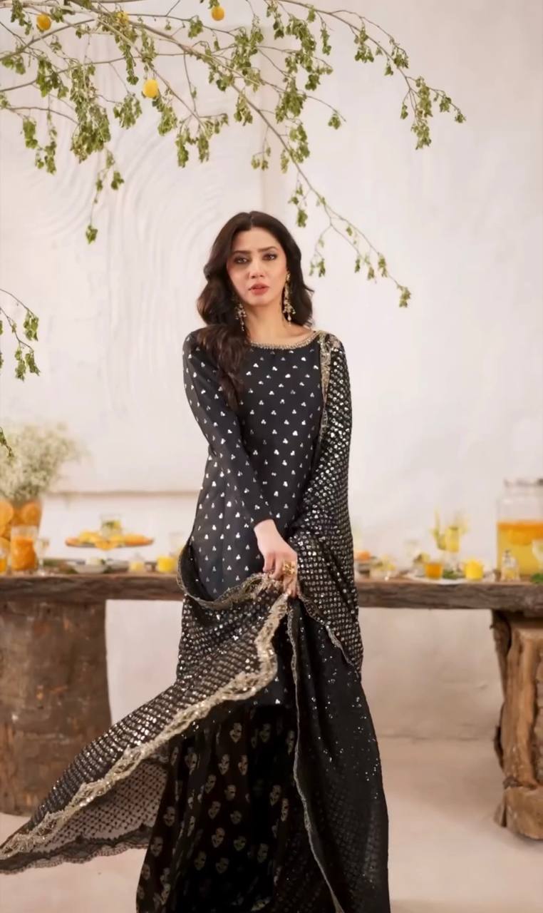 Black Designer Heavy Faux Georgette Sharara Plazzo Top and Dupatta