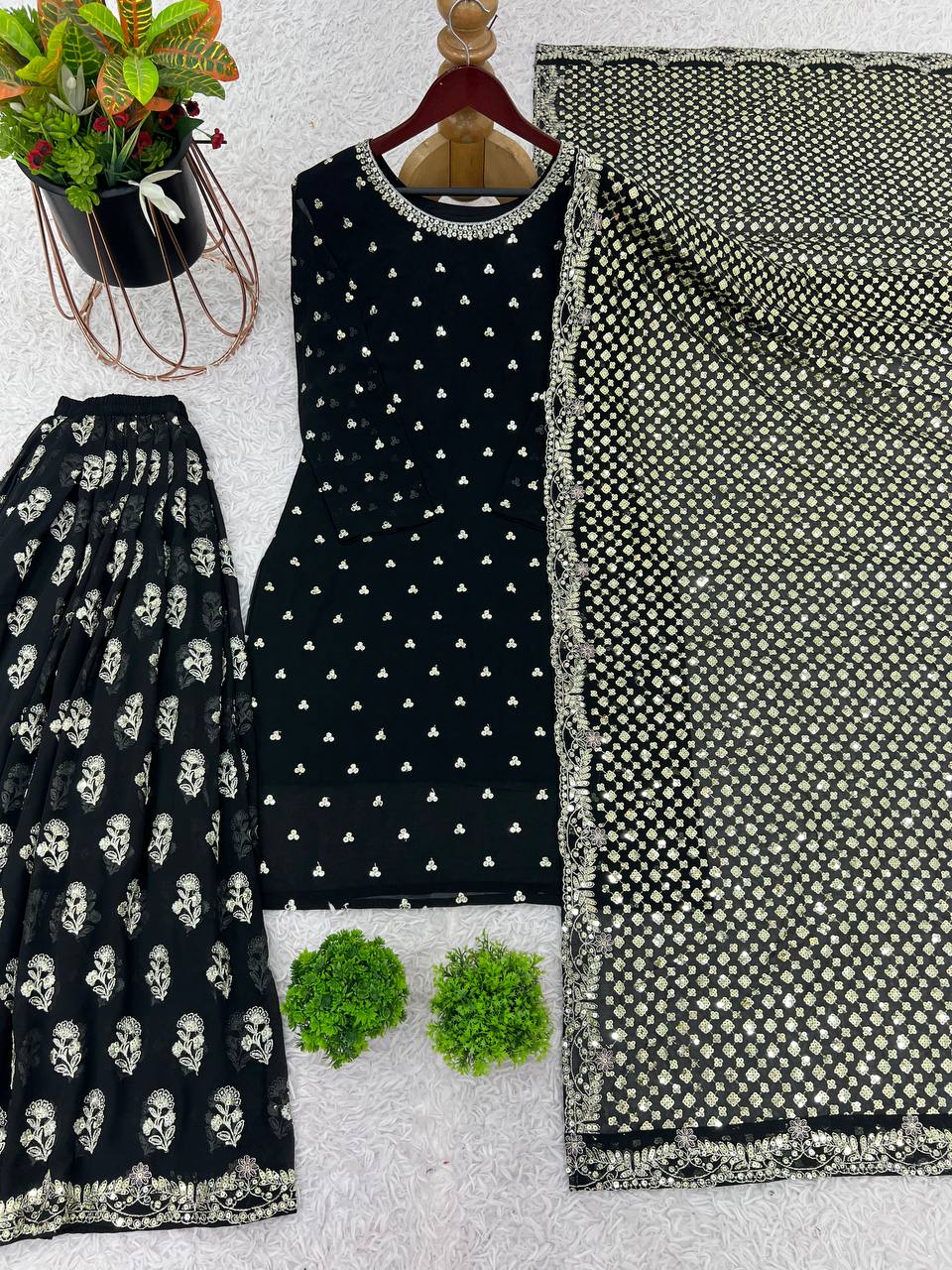 Black Designer Heavy Faux Georgette Sharara Plazzo Top and Dupatta