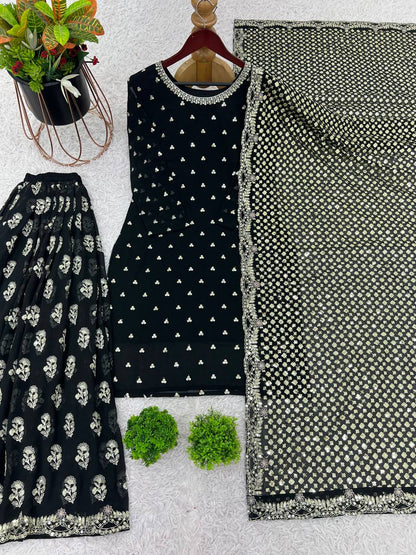 Black Designer Heavy Faux Georgette Sharara Plazzo Top and Dupatta