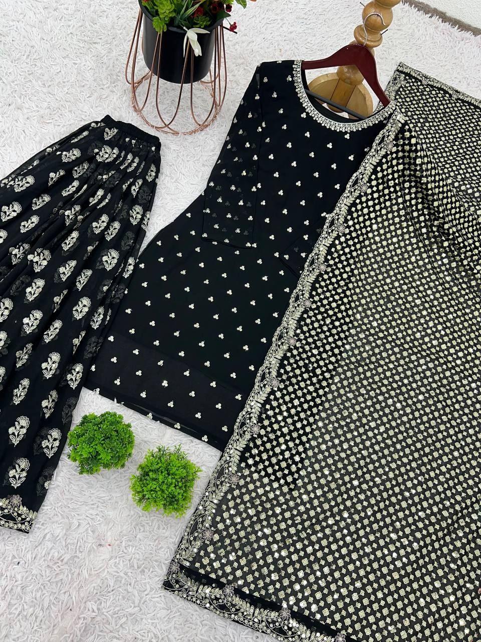 Black Designer Heavy Faux Georgette Sharara Plazzo Top and Dupatta