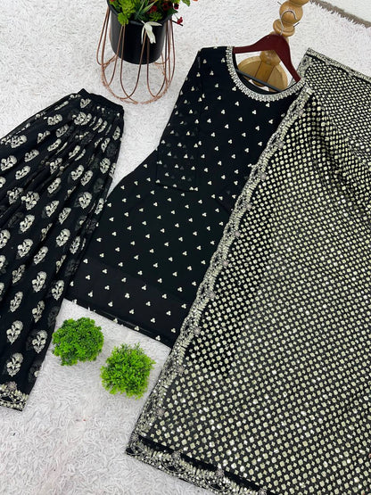 Black Designer Heavy Faux Georgette Sharara Plazzo Top and Dupatta