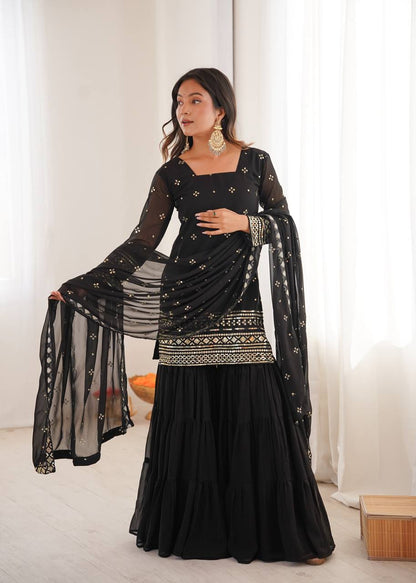 Black Designer Heavy Georgette Ruffle Sharara Suit and Dupatta