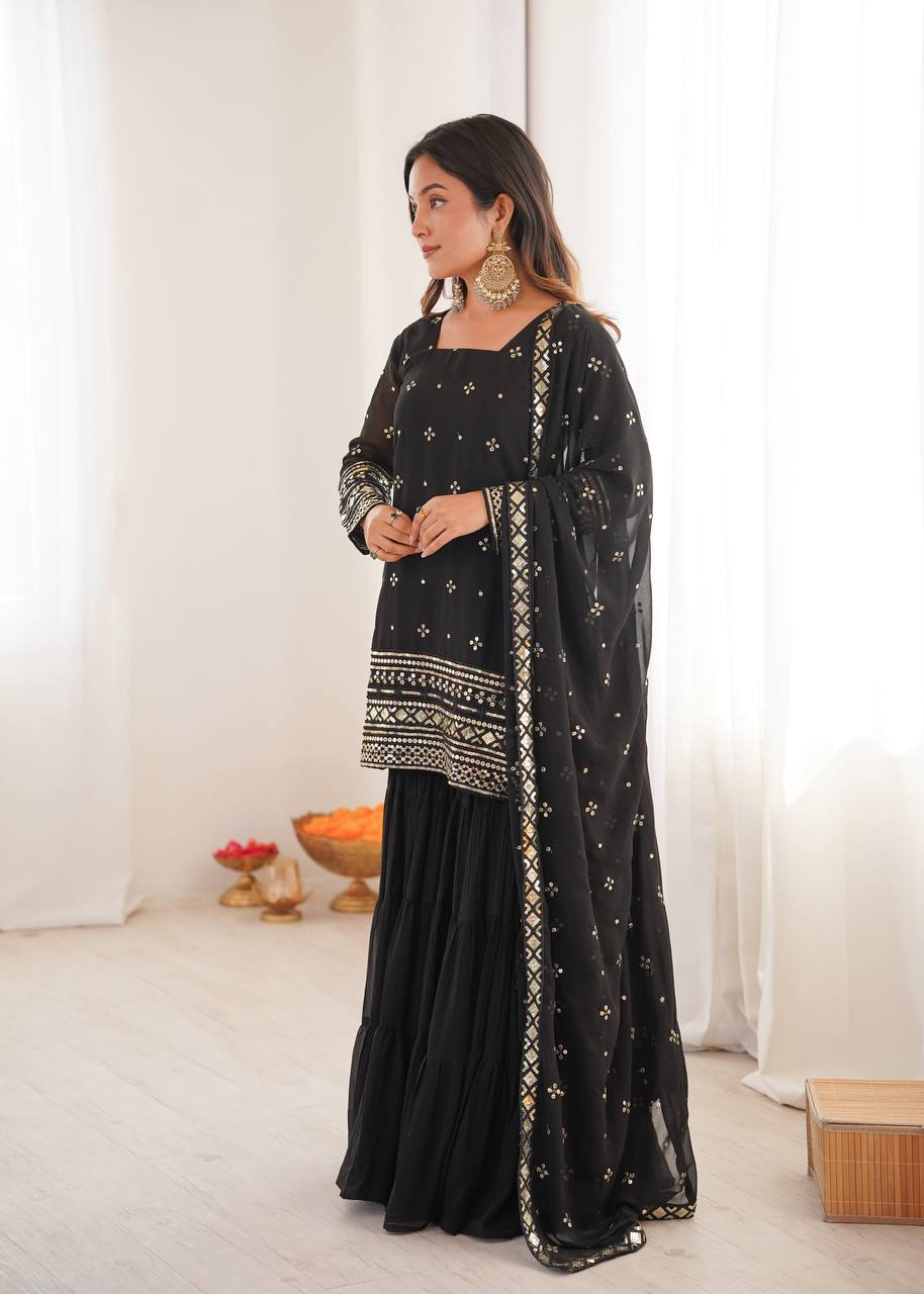 Black Designer Heavy Georgette Ruffle Sharara Suit and Dupatta
