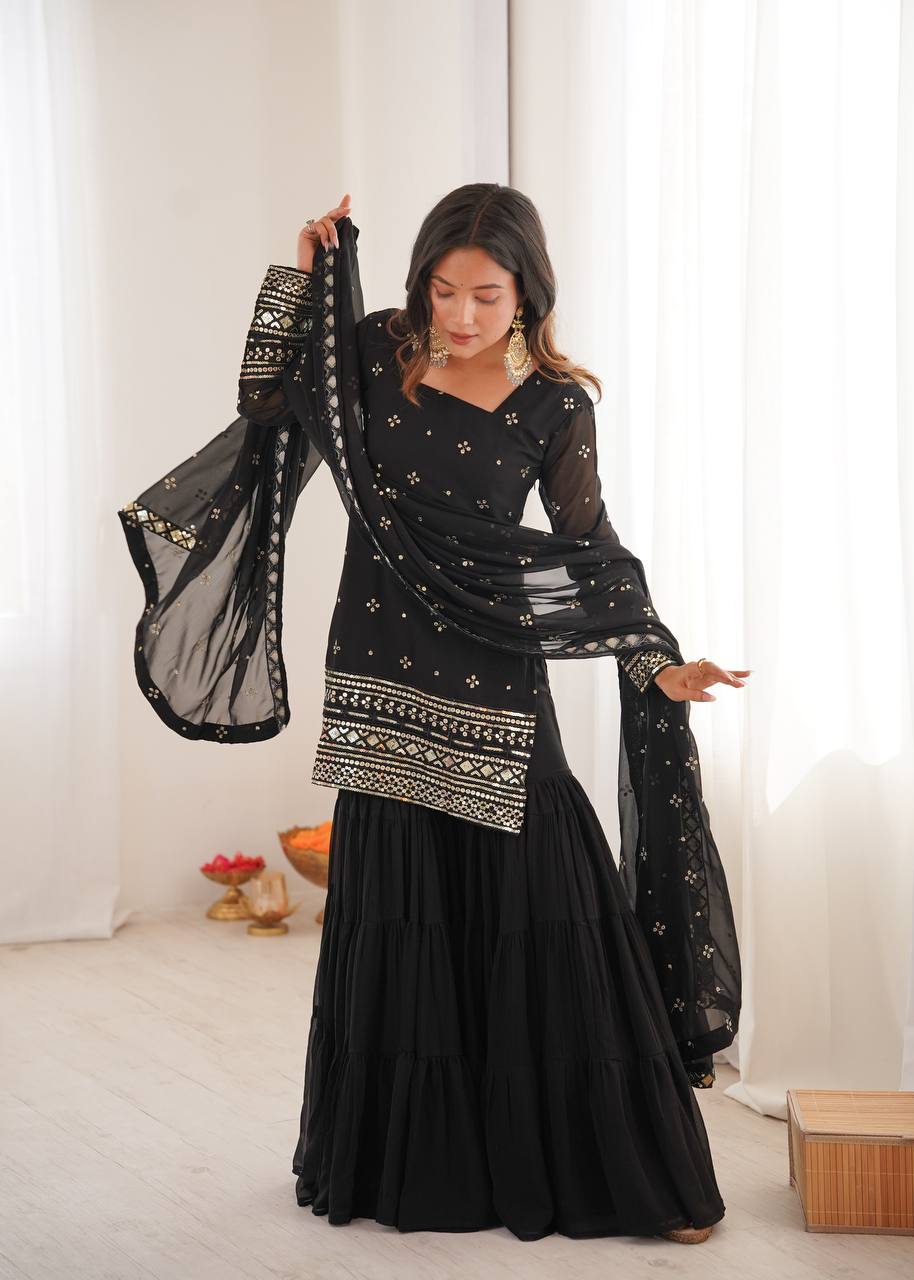 Black Designer Heavy Georgette Ruffle Sharara Suit and Dupatta