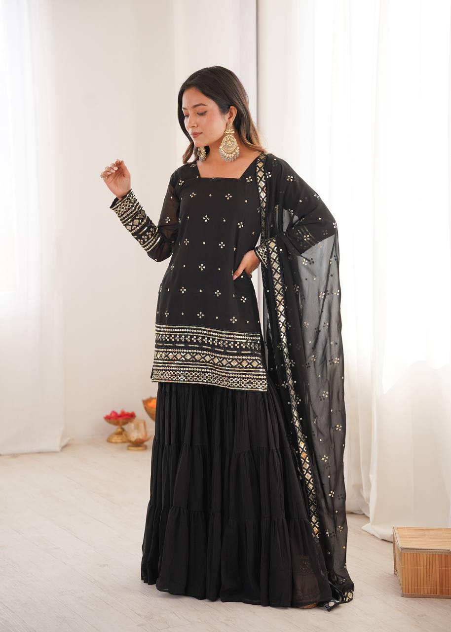 Black Designer Heavy Georgette Ruffle Sharara Suit and Dupatta