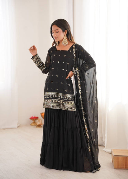 Black Designer Heavy Georgette Ruffle Sharara Suit and Dupatta