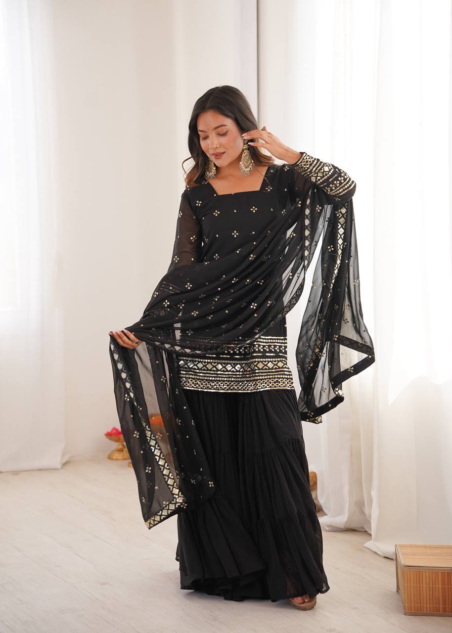 Black Designer Heavy Georgette Ruffle Sharara Suit and Dupatta