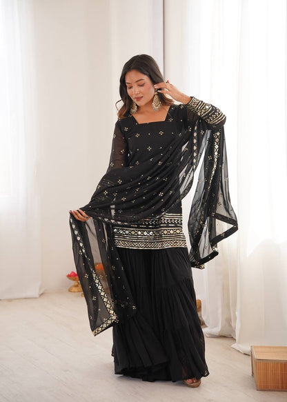 Black Designer Heavy Georgette Ruffle Sharara Suit and Dupatta