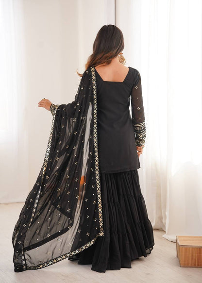 Black Designer Heavy Georgette Ruffle Sharara Suit and Dupatta