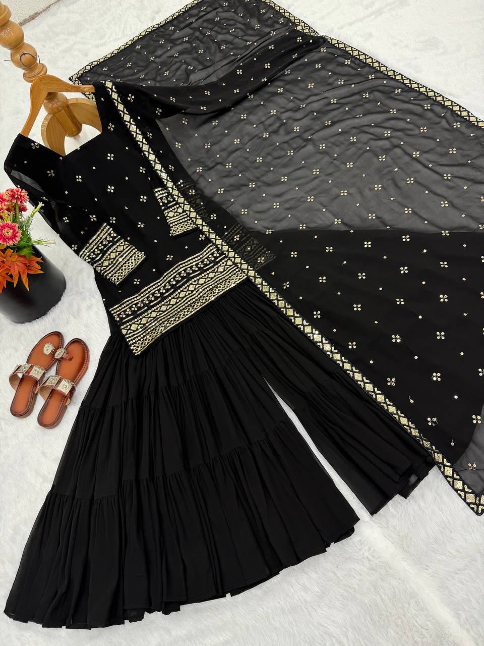 Black Designer Heavy Georgette Ruffle Sharara Suit and Dupatta