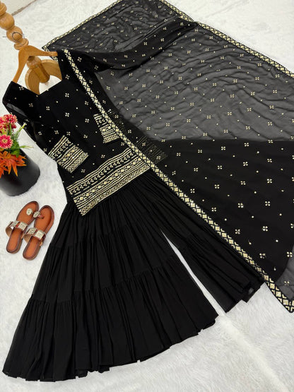 Black Designer Heavy Georgette Ruffle Sharara Suit and Dupatta