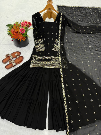 Black Designer Heavy Georgette Ruffle Sharara Suit and Dupatta