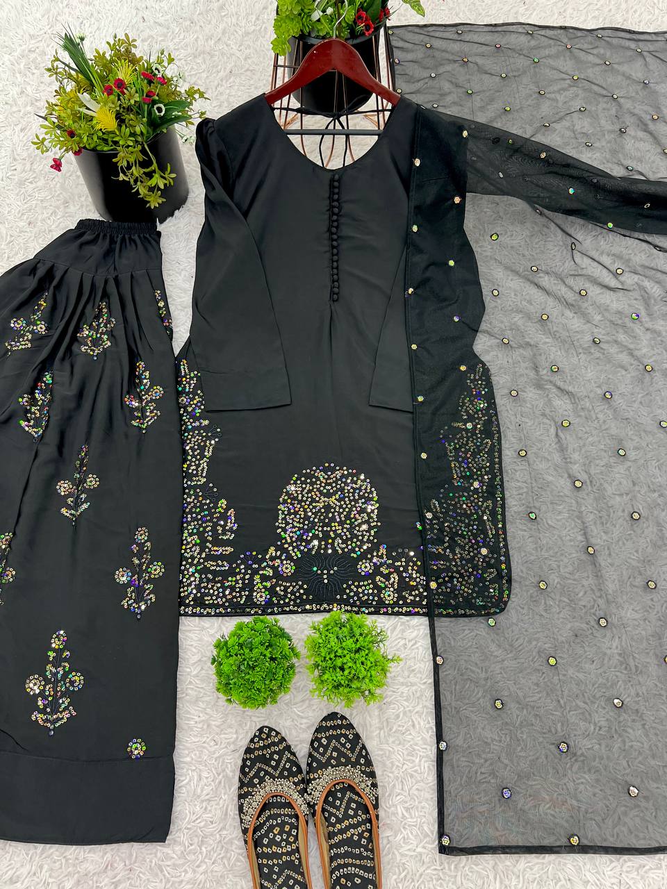 Black Designer Natural Crepe Silk Embroidery Farshi Pant and Dupatta
