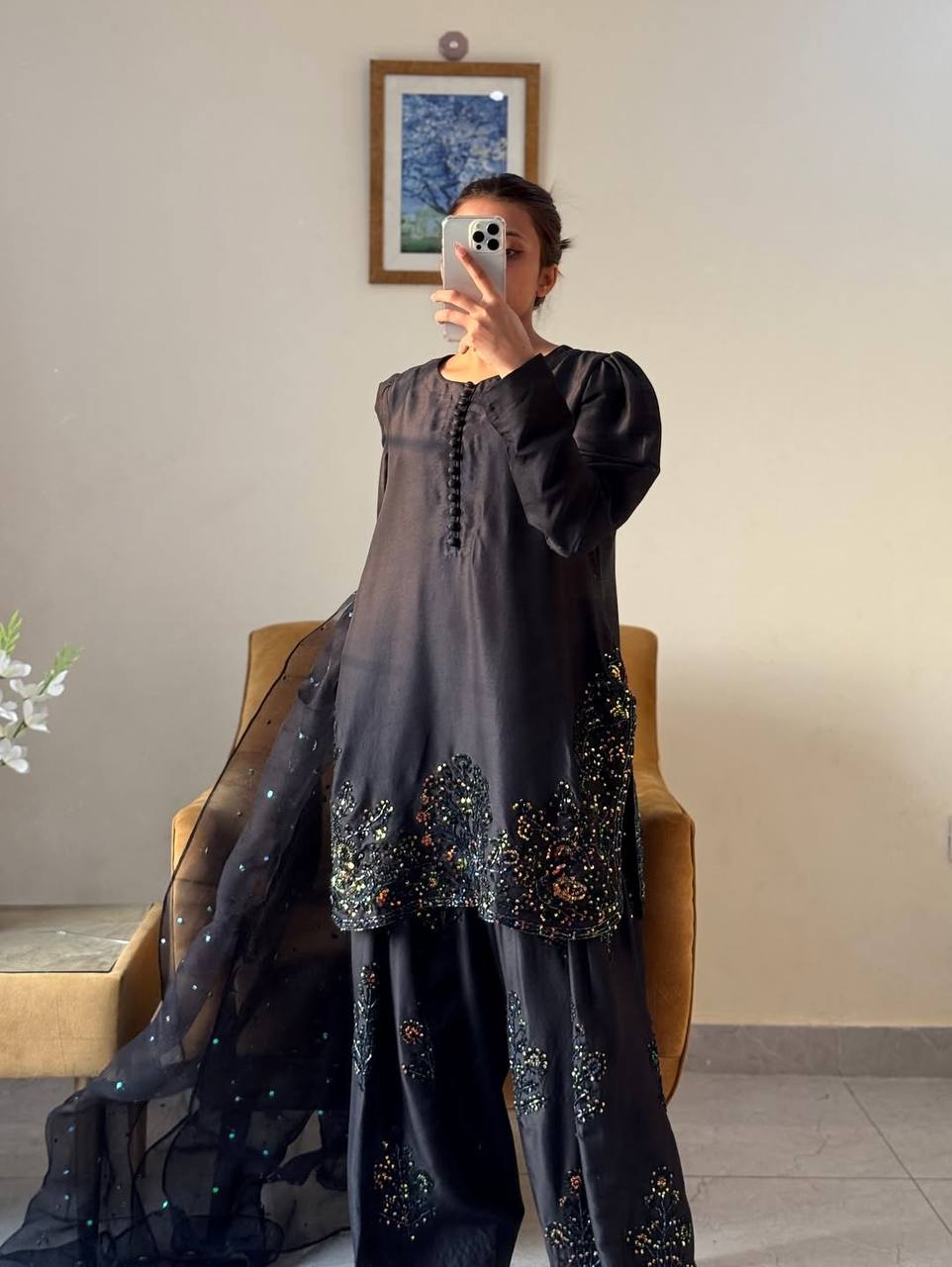 Black Designer Natural Crepe Silk Top Farshi Pant and Dupatta