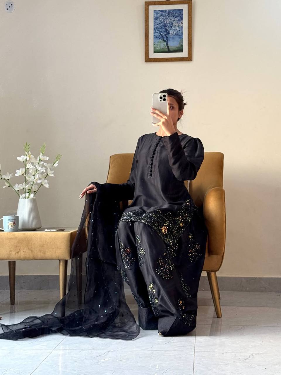 Black Designer Natural Crepe Silk Top Farshi Pant and Dupatta