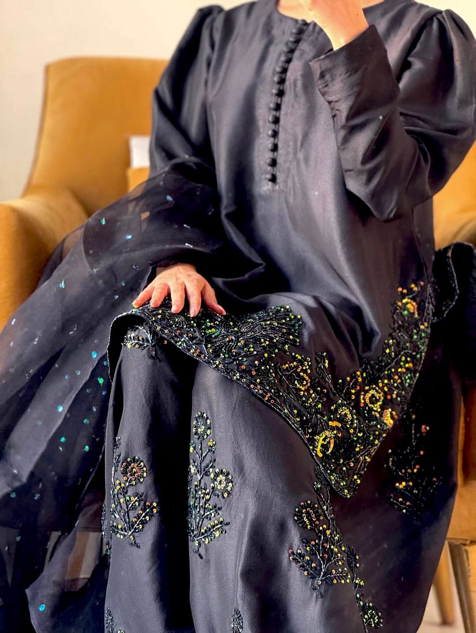 Black Designer Natural Crepe Silk Top Farshi Pant and Dupatta