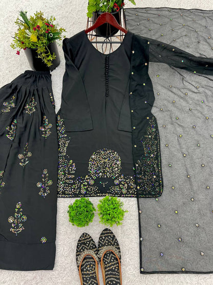 Black Designer Natural Crepe Silk Top Farshi Pant and Dupatta