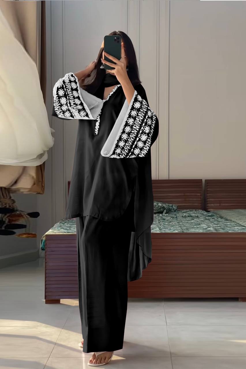 Black Designer Natural Satin Farshi Plazzo and Dupatta For Party Wear