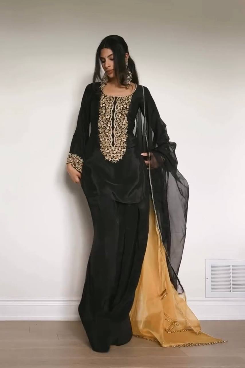 Black Designer Natural Satin Farshi Plazzo Top and Dupatta For Party Wear