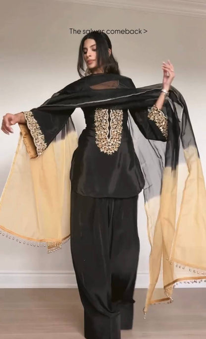 Black Designer Natural Satin Farshi Plazzo Top and Dupatta For Party Wear