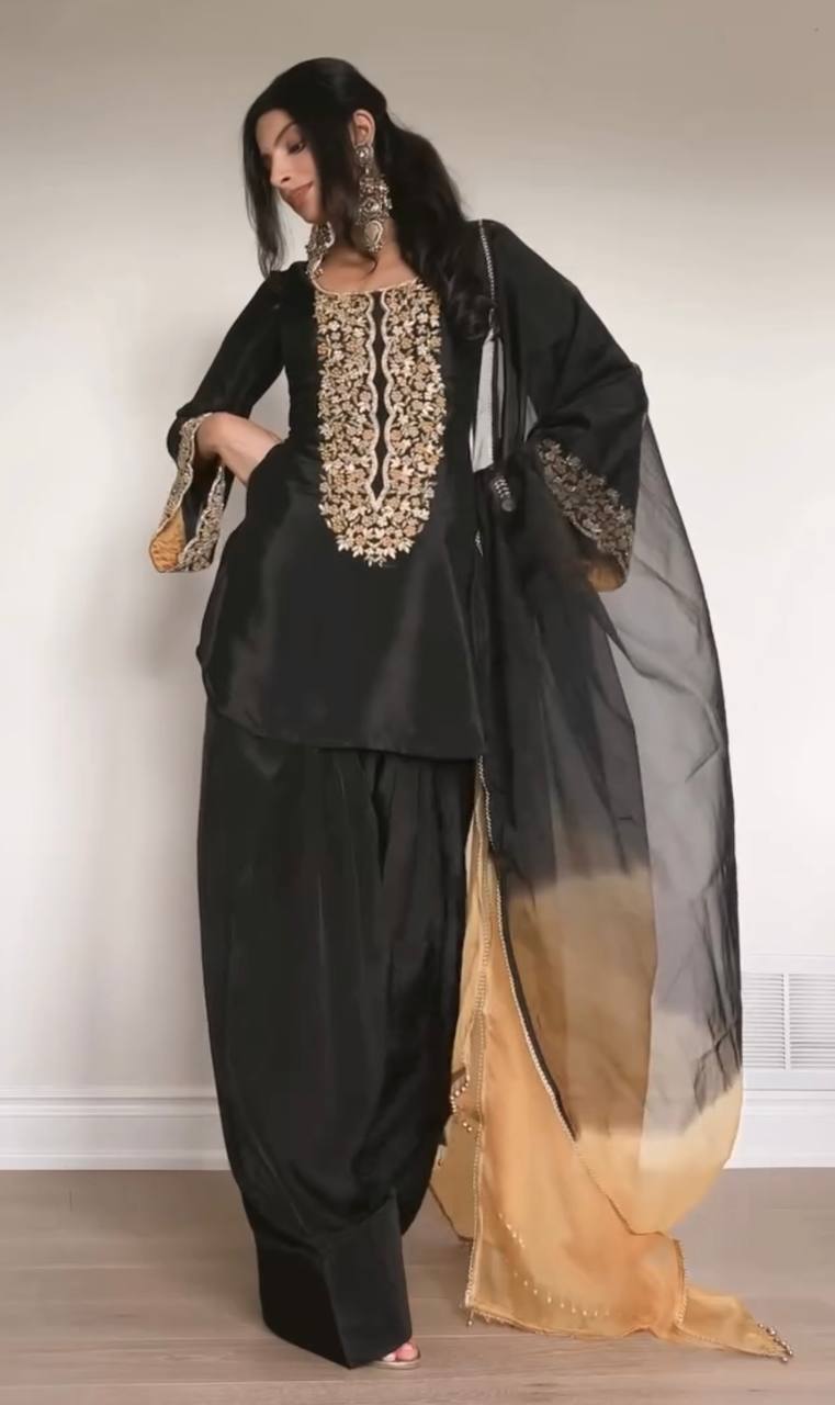 Black Designer Natural Satin Farshi Plazzo Top and Dupatta For Party Wear