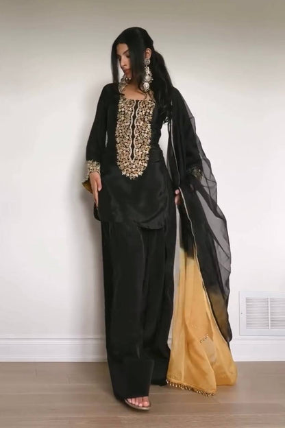 Black Designer Natural Satin Farshi Plazzo Top and Dupatta For Party Wear