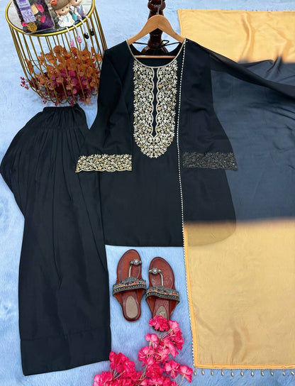 Black Designer Natural Satin Farshi Plazzo Top and Dupatta For Party Wear