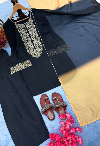 Black Designer Natural Satin Farshi Plazzo Top and Dupatta For Party Wear