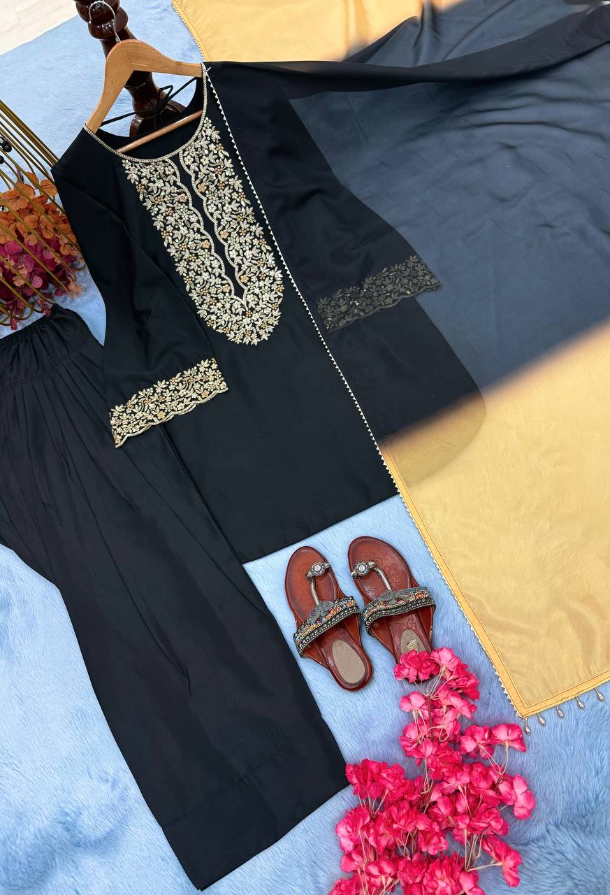 Black Designer Natural Satin Farshi Plazzo Top and Dupatta For Party Wear